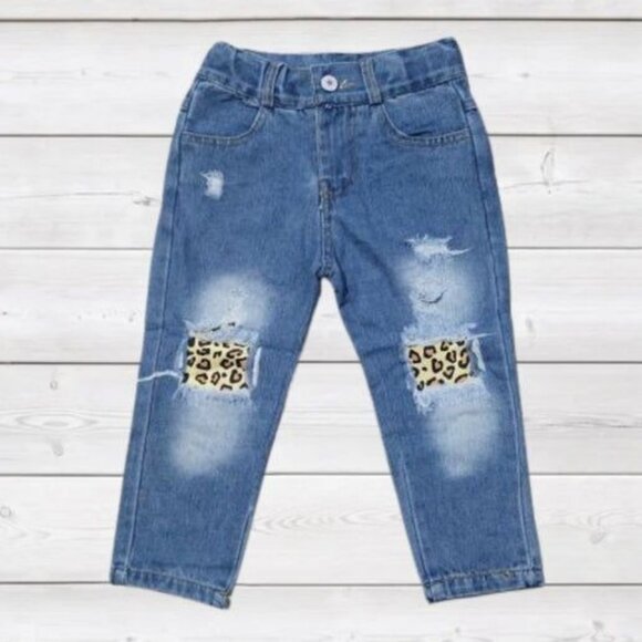 Light Wash Distressed Denim with Leopard 18 - 24 Months Kids all sizes - Picture 1 of 7